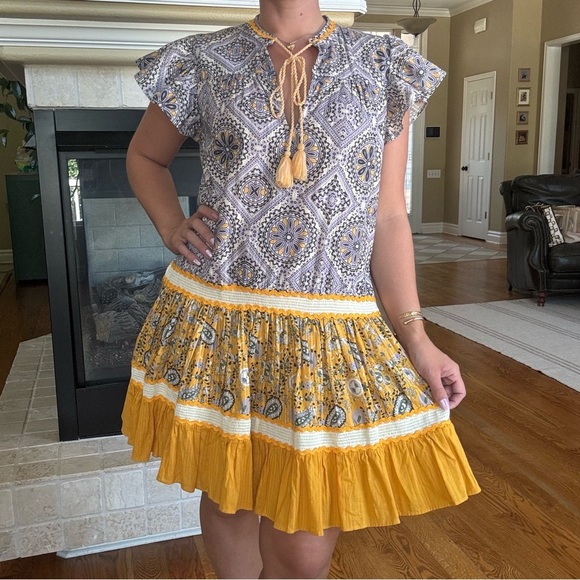 Forever That Girl Ruffle Drop Waist Tunic Dress Boho Bright Print XS Formal - Picture 2 of 9